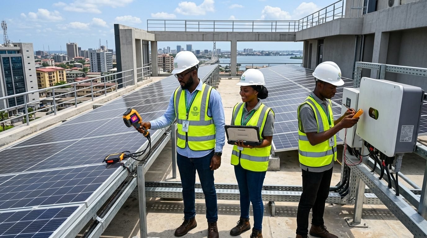 Certified Nigerian Solar Electrical Engineers inspecting rooftop solar PV array in Lagos
